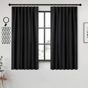 lot 2304 image: ANRODUO Rod Pocket and Back Tab Pleated Blackout Curtains with Hooks, Rings, Black Curtains 54 Inches Long 2 Panels, Thermal Insulated Room Darkening Living Room Bedroom Curtain, 42x54 Inches