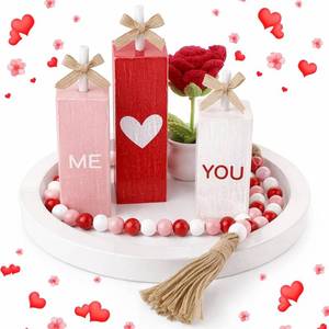 lot 2306 image: RattanView 6 Pcs Valentines Decorative Tray Red Pink Wooden Block Signs Heart Table Decor Wood Beads Garland Crochet Flowers Red Roses Mini Potted Round Rustic Wooden Tray for Proposal Wedding Party