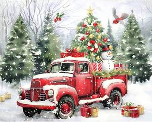 lot 2318 image: Set of 5 Christmas Paint by Numbers Kits for Adults - Painting by Numbers Kit Red Truck, Christmas Truck Adults Paint by Number Kits on Canvas Without Frame Acrylic Paints for Home Wall Decor 16X20 inch