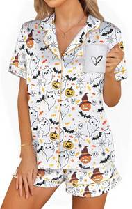 lot 2341 image: MYHALF Halloween Pajamas 2 Piece Short Set Women Ghost Pumpkin Print Button Down Shirt and Pajama Shorts Sleepwear Pjs SIZE XL