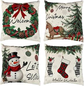 lot 2384 image: 4Pcs Merry Christmas Throw Pillow Covers,18x18 Inch Christmas Wreath Horse Snowman Decorative Pillow Case,Winter Square Holiday Cushion Cover for Room Sofa Patio Bedroom Decor