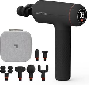 lot 9295 image: Sharper Image Deep Tissue Percussion Massage Gun, Powerboost MAX Rechargeable Handheld Massager, 7 Adjustable Speeds, 6 Attachment Heads & Carrying Case, Full Body Muscle Pain Relief, Black