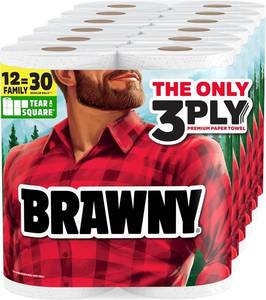 Brawny Tear-A-Square 3-Ply Paper Towels, 12 XL Family Rolls = 30 Regular Rolls, Strong, Absorbent, and Durable with 3 Sheet Sizes (Quarter, Half, Full) - 12 ROLLS