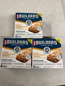 lot 8130 image: 3 Boxes CLIF BUILDERS Protein Bars Crispy Almond Salted Caramel, Reduced Sugar, Gluten Free, 6cteach