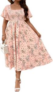lot 8083 image: Floerns Womens Plus Size Floral Square Neck Flounce Short Sleeve A Line Maxi Dress SIZE XL