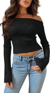 lot 8173 image: Goranbon Womens Off Shoulder Ribbed Knit Crop Sweaters Cute Wrap Long Sleeve Slim Pullover Jumper Tops SIZE L