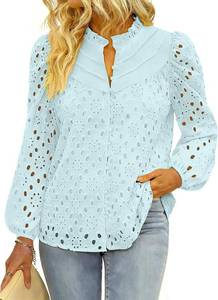 lot 8185 image: BETTE BOUTIK Womens Long Short Sleeve Tops 2025 Dressy Casual Button Hollow Out Lace Embroidered Blouses Shirts SIZE L