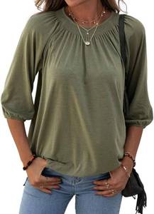 lot 8191 image: Grlasen Womens Solid Crew Neck T Shirt Blouse Cotton Half Sleeve 34 Sleeve Casual Loose Pleated Basic Tops SIZE M
