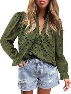 lot 8194 image: PRETTYGARDEN Womens Dressy Casual Blouse Tops Fall Spring Puff Long Sleeve Button V Neck Hollow Out Lace Embroidered Shirts SIZE S