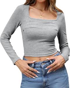 lot 8208 image: Balimtoy Womens Square Neck Long Sleeve Going Out Tops Ribbed Knit Ruched Slim Fitted Cropped Shirts Trendy Fall Outfits SIZE S