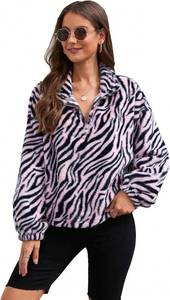 lot 8211 image: WDIRARA Womens Drop Shoulder Half Zip Zebra Striped Long Sleeve Oversized Sweatshirt SIZE L
