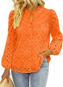 lot 8229 image: BETTE BOUTIK Womens Long Short Sleeve Tops 2025 Dressy Casual Button Hollow Out Lace Embroidered Blouses Shirts SIZE M