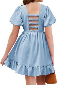 lot 8239 image: Arshiner Girls Summer Cut-Out Back A-Line Dress Puff Sleeves Square Neckline Flounce Hem Dresses
