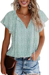 lot 8248 image: CERYIWER Womens Short Sleeve Casual Shirts Boho Floral Print V Neck Tops Loose Blouses SIZE L
