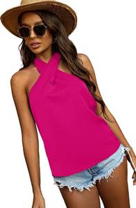 lot 8255 image: WDIRARA Womens Criss Cross Halter Neck Ruched Sleeveless Solid Tank Top Shirt SIZE L