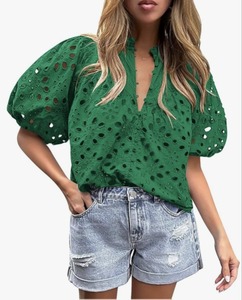 lot 8257 image: BETTE BOUTIK Womens Long Short Sleeve Tops 2025 Dressy Casual Button Hollow Out Lace Embroidered Blouses Shirts SIZE S