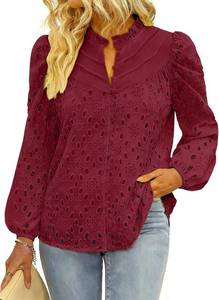lot 8259 image: BETTE BOUTIK Womens Long Short Sleeve Tops 2025 Dressy Casual Button Hollow Out Lace Embroidered Blouses Shirts SIZE XL