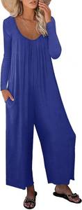 lot 8260 image: Blue Jumpsuit with Sleeves for Women Stretchy One Piece Loose Fall Jumpsuit Wide Leg Long Pants Rompers with Pockets SIZE XL