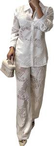 lot 8265 image: CHICME Womens Textured Two Piece Outfit Set Elegant Button Down Long Sleeve Shirt and Loose Wide Leg Pants Set SIZE M