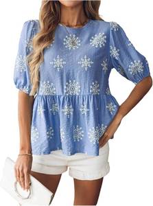lot 8266 image: SweatyRocks Womens Floral Print Puff Sleeve Bow Blouses Summer Boho Ruffle Peplum Tops SIZE S