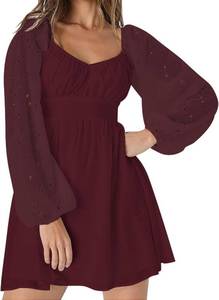 lot 8274 image: Womens Lace Mini Fall Dress Long Sleeve Sweetheart Neckline A Line Flowy Cocktail Party Wedding Guest Dresses SIZE M