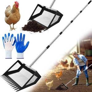 lot 8156 image: 2-in-1 Chicken Poop Scooper & Rake with Gloves, Large Metal Chicken Poop with Long Stainless Steel Handle (20 to 61) for Beach, Farm, Garden & Yard Waste(15 Inch)