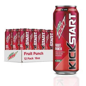 lot 8275 image: Mountain Dew Kickstart, Fruit Punch, 92mg Caffeine, Vitamins B & C, 80 Calories, 5% Juice, 16 fl oz (12 Count)
