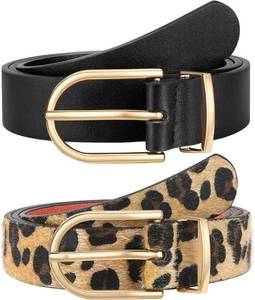 lot 8318 image: 2 Pack Womens Belts for Jeans Pants Fashion Gold Buckle Ladies Dress Belt