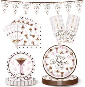 lot 8373 image: Qinyoung 25 Set Galentines Day Party Banner Decorations Espresso Martini Pink Bow Tableware Set Galentines Day Disposable Paper Dinner Plates Napkins and Cups for Valentines Party Supplies