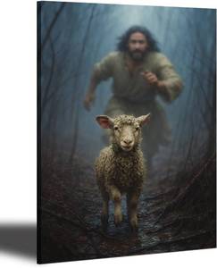 lot 8394 image: Jesus Protecting Lamb Christian Wall Art Framed Canvas Print Religious Decor for Home Living Room Bedroom Faith-Based Inspirational Gift 12x16 inch