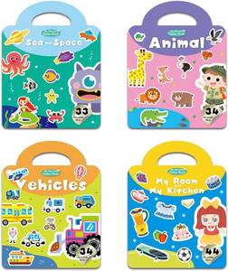 lot 8406 image: Reusable Sticker Books for Toddlers, Jelly Stickers Activity Books, 4 Sets Kids Sticker Book Toddler, Reusable Sticker Book Toddler Travel Toys Waterproof Sticker Books for Kids - FSC Certified