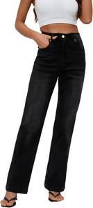 lot 8419 image: Womens Jeans Mid Waisted Straight Leg Loose Stretchy Lightweight Tummy Control Trendy Jeans for Women 2025 Black Gray SIZE 6