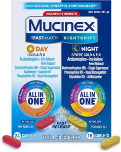 lot 8422 image: Mucinex Fast-Max Day Cold and Flu & Nightshift Night Severe Cold and Flu Medicine for Adults, DayNight Combo Pack for Fever, Sore Throat Relief, Decongestant, Cough & Cold Medicines, 40 Caplets