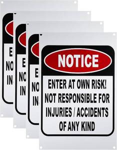 lot 8428 image: 4 Pcs Enter at Your Own Risk Warning Sign, Not Responsible for Accidents or Injuries Sign, 12 x 8 Aluminum Alloy Safety Security Risk Caution, Weatherproof Indoor & Outdoor Decor
