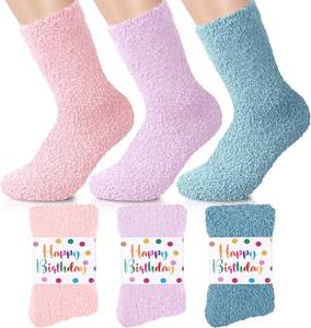 lot 8432 image: Geyoga 3 Pairs Fuzzy Socks for Women Happy Birthday Socks Valentines Gifts Soft Fluffy Cozy No Shed Warm Slipper Sock