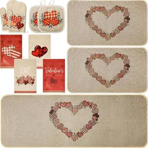 lot 8440 image: 11 Pcs Valentines Day Kitchen Decor and Accessories Set 3 Kitchen Mats 4 Love Heart Resistant Oven Mitts 4 Dish Towels,17x29&17x47 Inch Non Slip Rugs Valentine Decorations for Home