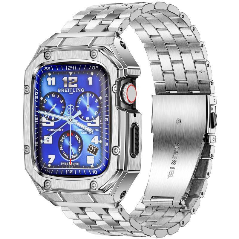 lot 43873 image: Stainless Steel Watch Case with Bands Compatible with Apple Watch Band 45mm, Metal Cover bumper with iWatch Bands for Apple Watch Series 987, Silver - Retail $36