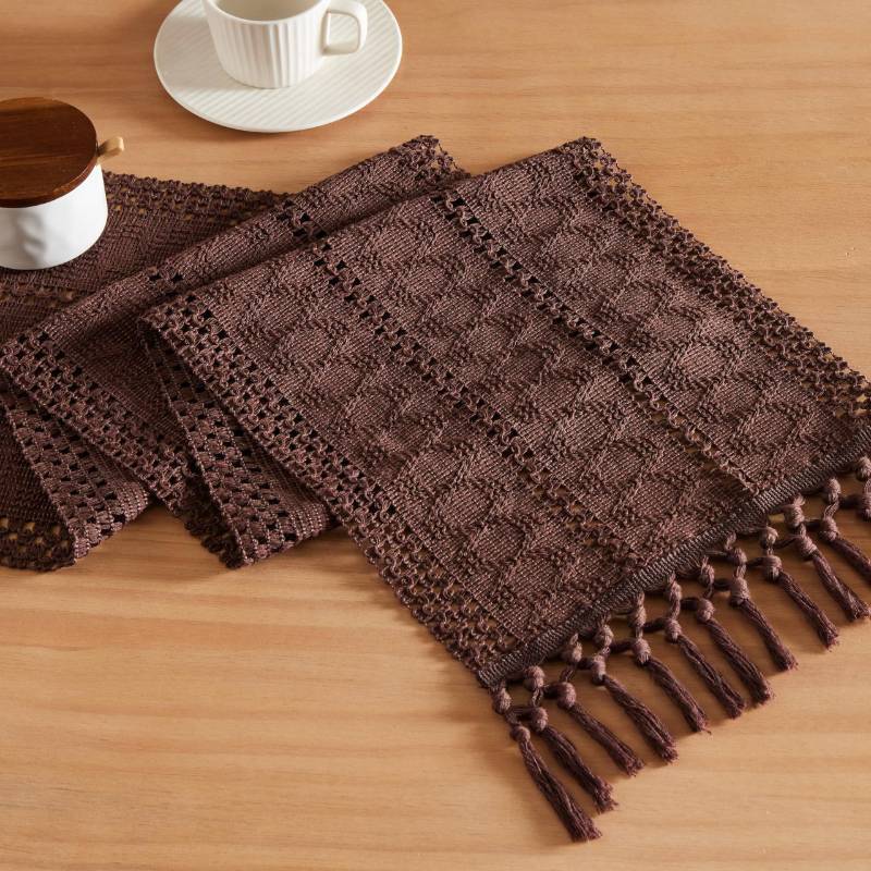 lot 43958 image: Macrame Style Boho Table Runner, Dark Brown Table Runners 36 Inches Long, Farmhouse Woven Home Decor, 12x36 Inch, Chocolate - Retail $10