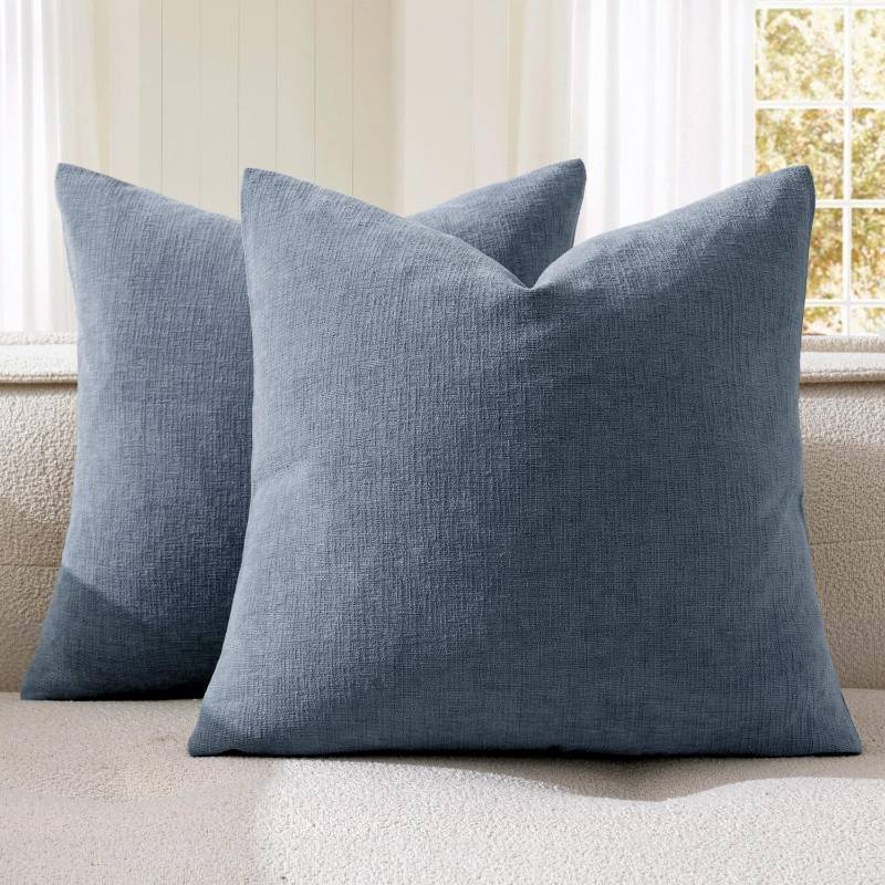 lot 43996 image: Dark Grey Blue Couch Pillow Covers 18x18 Inch, Set of 2 Soft Chenille Decorative Square Throw Pillow Covers Farmhouse for Sofa Living Room Bed - Retail $18