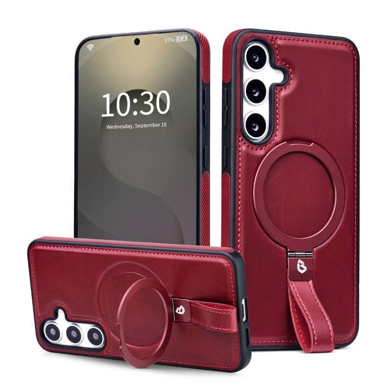 lot 43998 image: Samsung Galaxy S23 Leather Case with Stand, Anti-Slip Grip Ring, Fits for MagSafe (Burgundy, S23-6.1inch) - Retail $12