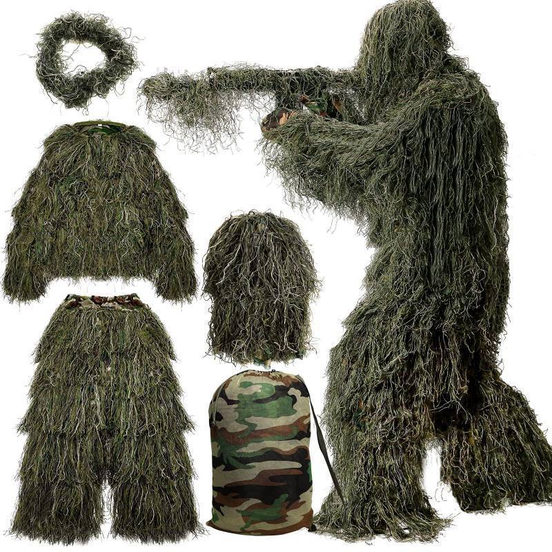 lot 43999 image: 5 in 1 Ghillie Suit 3D Camouflage Hunting Suits - Jacket, Pants, Hood, Carry Bag - Retail $39
