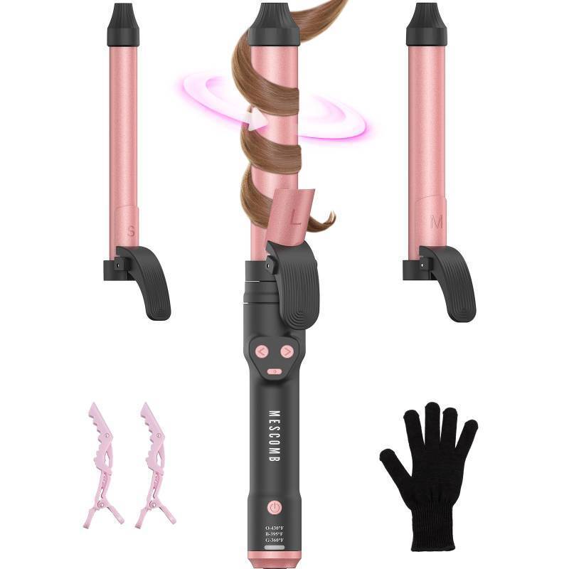 lot 44042 image: Automatic Curling Iron 1 Inch with 3-in-1 Interchangeable Barrels for Tangle-Free Beach Waves Curls, Beginner Friendly Anti-Tangle Hair Curler, Worldwide Dual Voltage Travel for Long Short Hair Pink - Retail $27