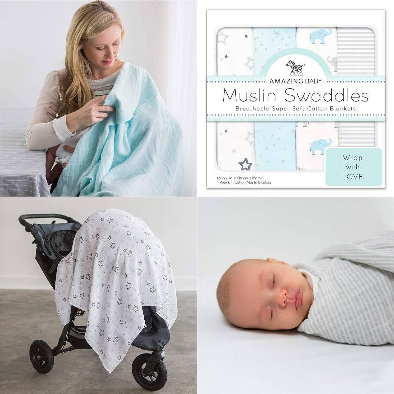 lot 34826 image: Amazing Baby Muslin Swaddle Blankets, Set of 4, Premium Cotton, XLarge 46x46 inches, Starry Night and Tiny Elephants, Pastel Blue - Retail $29