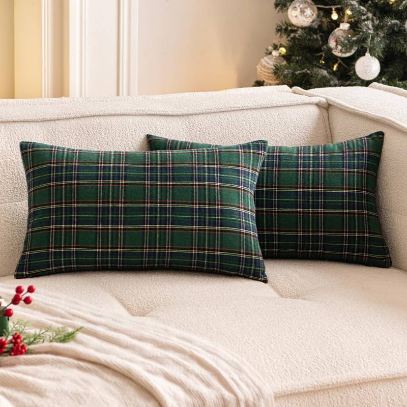 lot 34837 image: Christmas Set of 2 Scottish Tartan Throw Pillow Covers Farmhouse Classic Plaid Decorative Couch Pillows Home Decor for Sofa Living Room Bed 12x20 Inch, Green