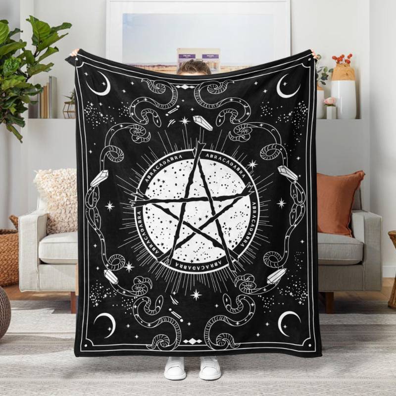 lot 34856 image: Black and White Pentagram Fleece Throw Blanket, Gothic Witchy Blessed Pray Star Cozy Decor Nap Blankets Gift with Moon Star and Snake Stone Sofa Bed Couch Chair or Dorm Throws 50x60 inches - Retail $24