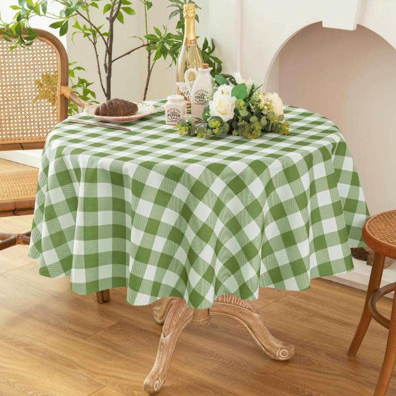 lot 34859 image: Waterproof Plaid Tablecloth Fabric - Round 90 Inch Classic Gingham Checker Table Cloth for IndoorOutdoor Use - Buffalo Table Cover for Picnics, BBQs, and Parties - Retail $24