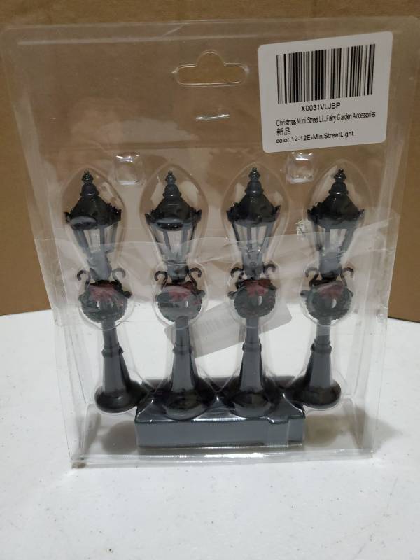 lot 34878 image: Christmas Mini Street Light Models, 4 Pcs Mini Street Lamp Dollhouse Streetlight Models, Miniature Christmas Village Pathway Lantern Post for DIY Micro Landscape Fairy Garden Accessories - Retail $10