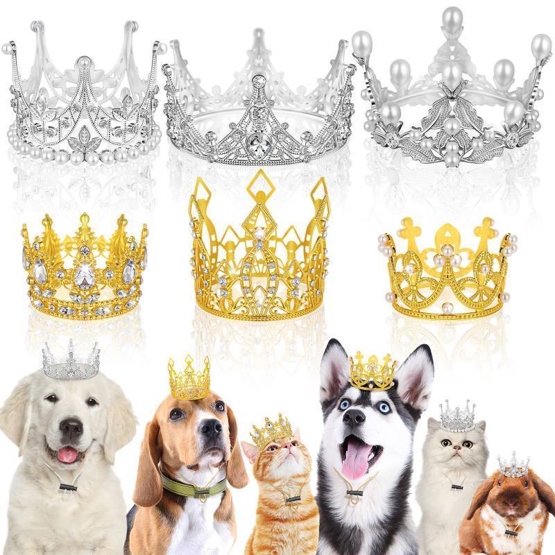 lot 34884 image: 5 Pcs Dog Crown Headband Puppies Rabbit Cat Hat for Birthday Party Rhinestone Faux Pearl Crown with Adjustable Strap for Pet Wedding Adoption Celebration Hair Accessories Photo Prop - Retail $19