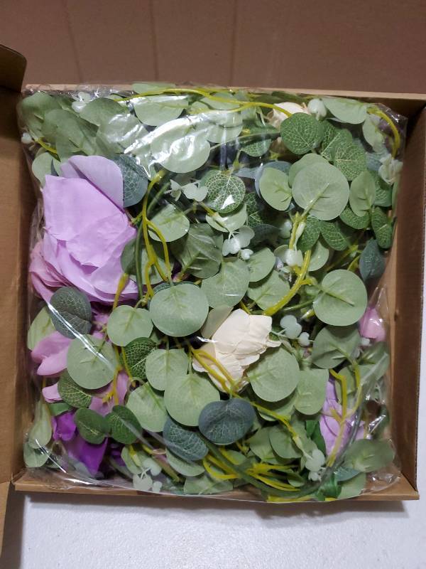 lot 34890 image: Flower Garland, 6.07Ft Eucalyptus Garland with Flowers, Silk Rose Floral Vines for Wedding Reception Table Mantle Decor (Purple) - Retail $20
