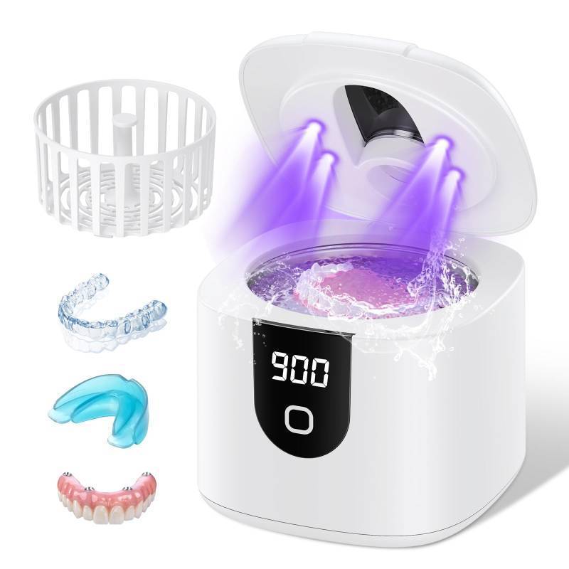 lot 34898 image: 45kHz Ultrasonic Retainer Denture Cleaner Machine, Fast Cleaning for Aligners, Mouth Guards, Braces, Toothbrush Heads & Jewelry, 200ML Dental Cleaning Pod, 4 Modes & Digital Timer, White - Retail $70